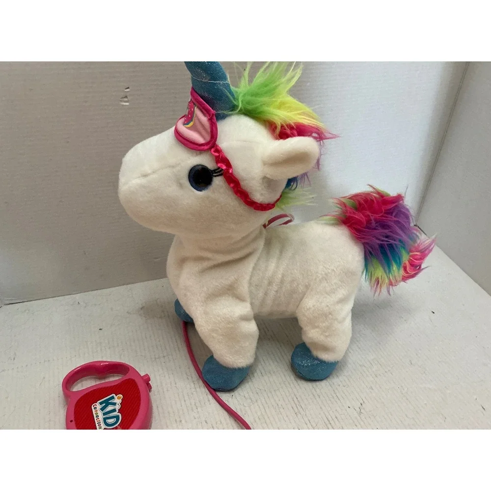 Kid Connection Walking Unicorn Toy Rainbow Mane Blue Glitter Hooves White Plush